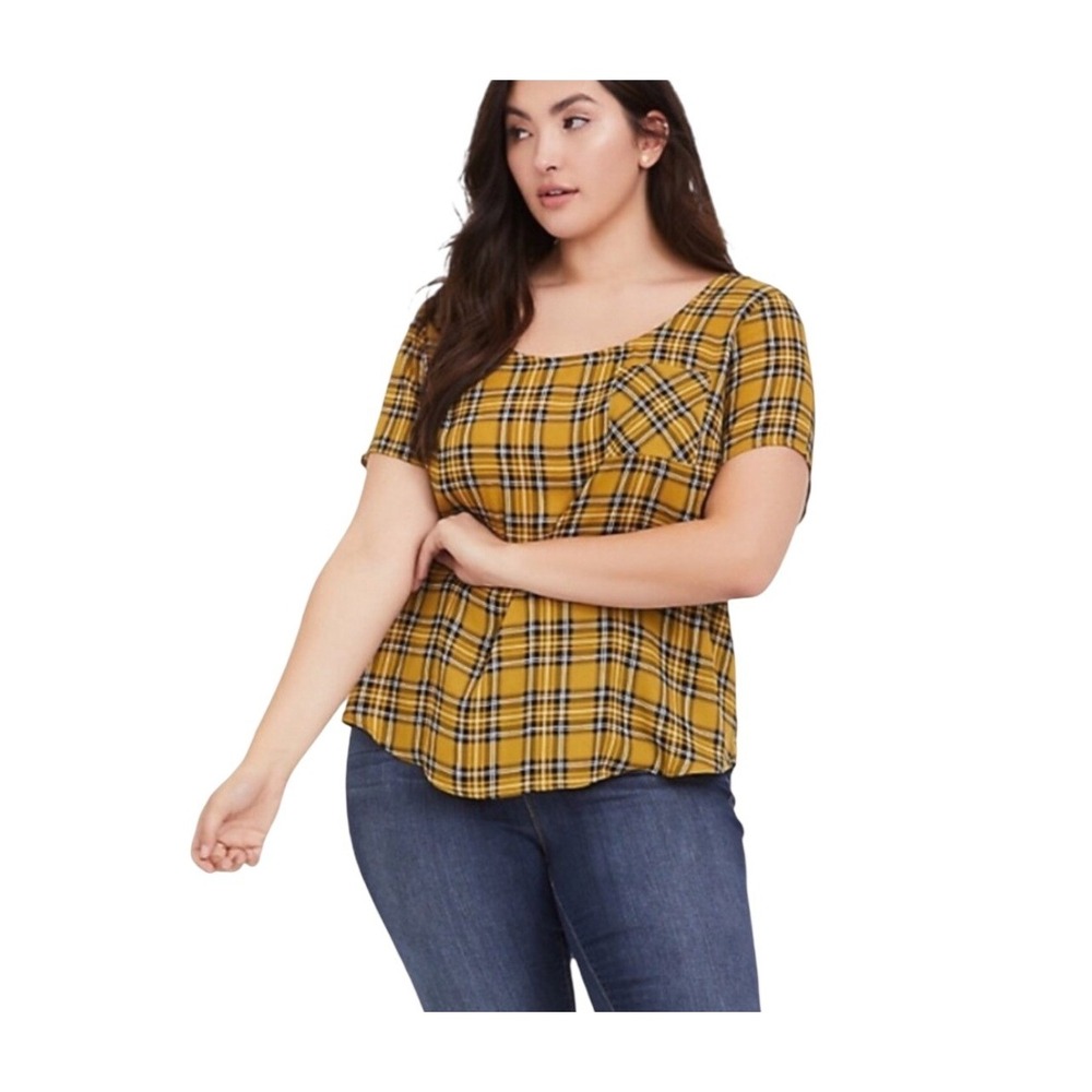 Torrid Plaid Top Women 3X Yellow Black Button Back Woven Shirt Blouse Preppy